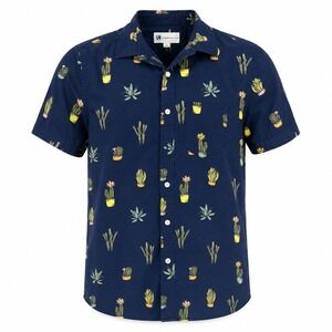 Aeropostale Mens Medium M Cactus Print Button Up Shirt Navy Blue Short Sleeve